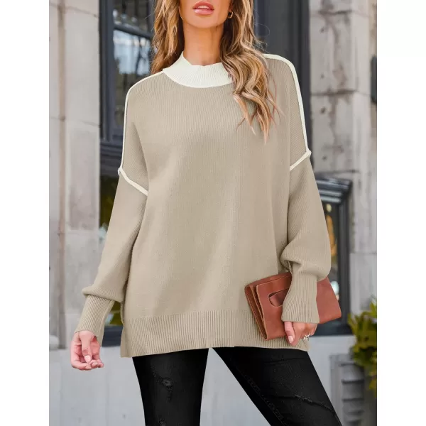 imageZESICA Womens Winter Oversized Sweaters Long Sleeve Color Block Mock Neck Side Slit Comfy Loose Knitted Pullover TopsOatmeal