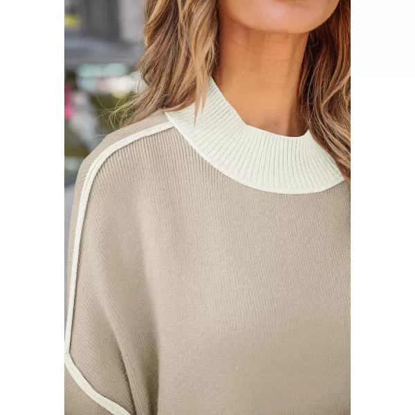 imageZESICA Womens Winter Oversized Sweaters Long Sleeve Color Block Mock Neck Side Slit Comfy Loose Knitted Pullover TopsOatmeal