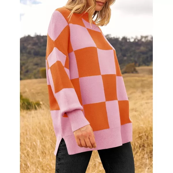 imageZESICA Womens Winter Oversized Sweaters Long Sleeve Color Block Mock Neck Side Slit Comfy Loose Knitted Pullover TopsOrange