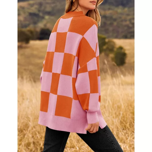 imageZESICA Womens Winter Oversized Sweaters Long Sleeve Color Block Mock Neck Side Slit Comfy Loose Knitted Pullover TopsOrange