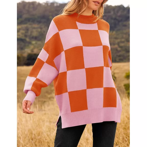 imageZESICA Womens Winter Oversized Sweaters Long Sleeve Color Block Mock Neck Side Slit Comfy Loose Knitted Pullover TopsOrange