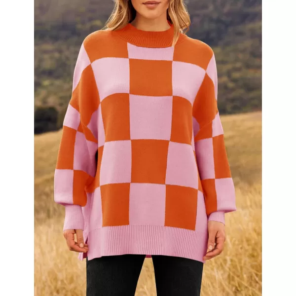 imageZESICA Womens Winter Oversized Sweaters Long Sleeve Color Block Mock Neck Side Slit Comfy Loose Knitted Pullover TopsOrange