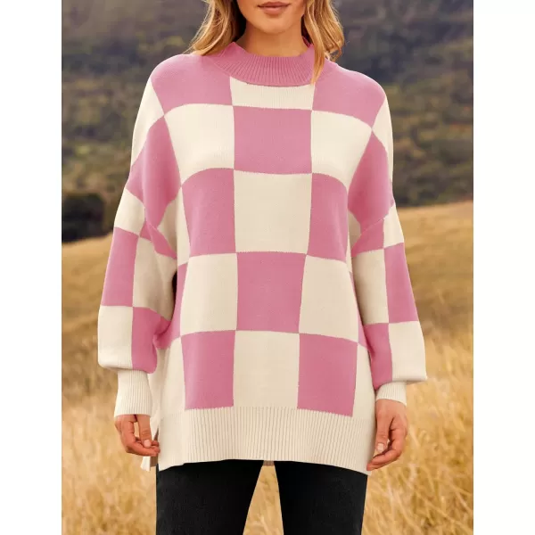 imageZESICA Womens Winter Oversized Sweaters Long Sleeve Color Block Mock Neck Side Slit Comfy Loose Knitted Pullover TopsPink