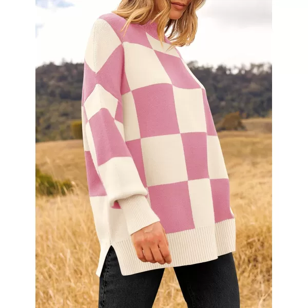 imageZESICA Womens Winter Oversized Sweaters Long Sleeve Color Block Mock Neck Side Slit Comfy Loose Knitted Pullover TopsPink
