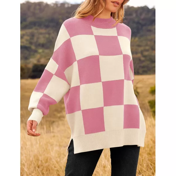imageZESICA Womens Winter Oversized Sweaters Long Sleeve Color Block Mock Neck Side Slit Comfy Loose Knitted Pullover TopsPink