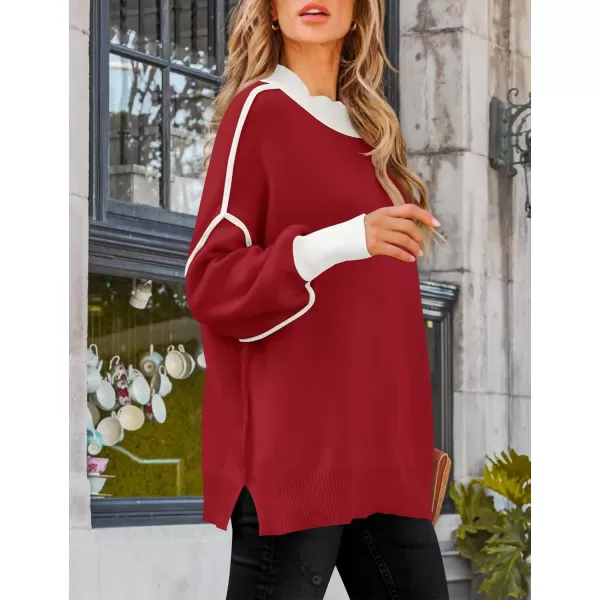 imageZESICA Womens Winter Oversized Sweaters Long Sleeve Color Block Mock Neck Side Slit Comfy Loose Knitted Pullover TopsRed