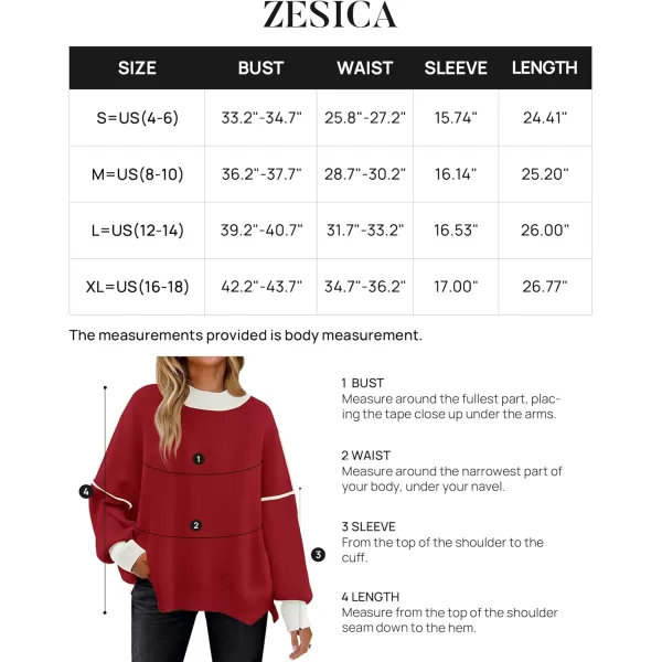 imageZESICA Womens Winter Oversized Sweaters Long Sleeve Color Block Mock Neck Side Slit Comfy Loose Knitted Pullover TopsRed