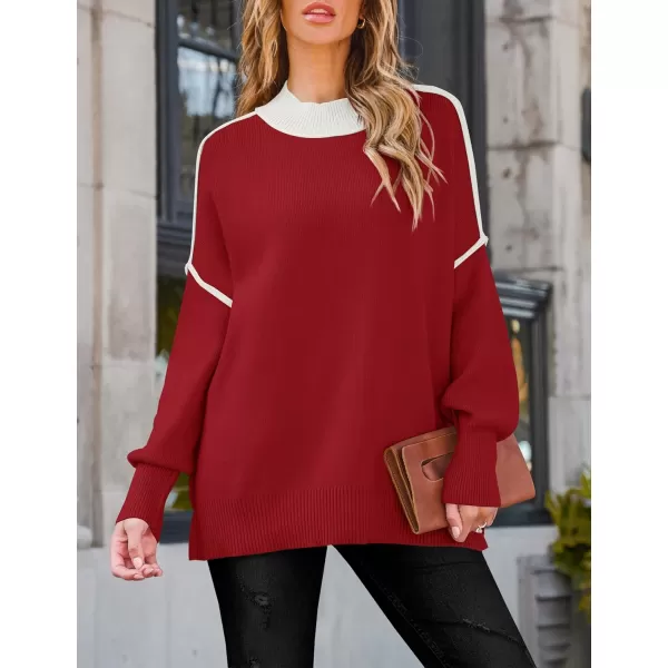 imageZESICA Womens Winter Oversized Sweaters Long Sleeve Color Block Mock Neck Side Slit Comfy Loose Knitted Pullover TopsRed