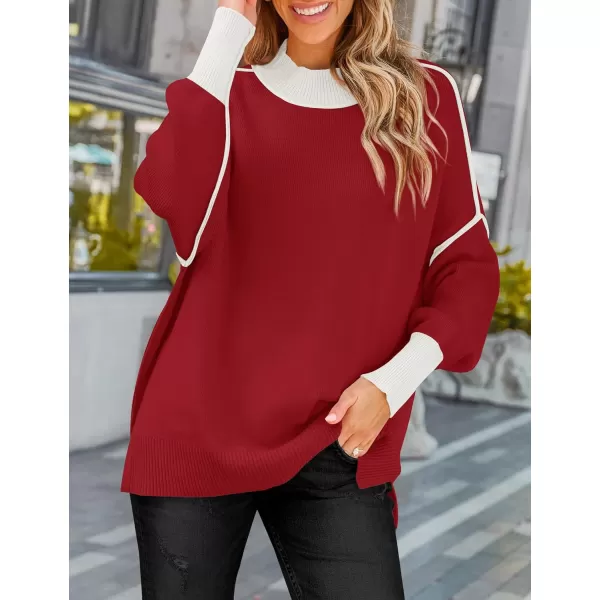 imageZESICA Womens Winter Oversized Sweaters Long Sleeve Color Block Mock Neck Side Slit Comfy Loose Knitted Pullover TopsRed
