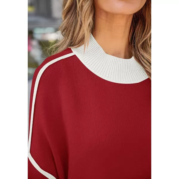 imageZESICA Womens Winter Oversized Sweaters Long Sleeve Color Block Mock Neck Side Slit Comfy Loose Knitted Pullover TopsRed