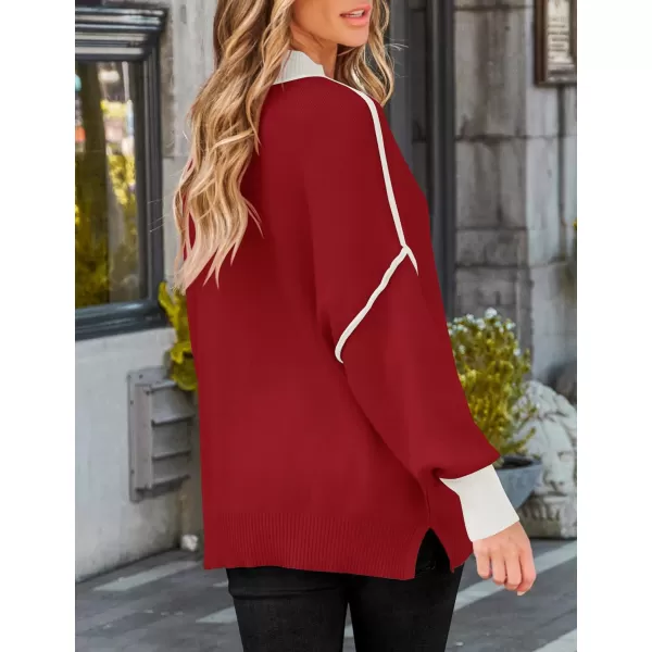 imageZESICA Womens Winter Oversized Sweaters Long Sleeve Color Block Mock Neck Side Slit Comfy Loose Knitted Pullover TopsRed