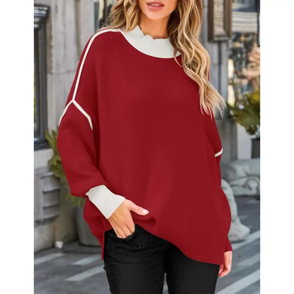 imageZESICA Womens Winter Oversized Sweaters Long Sleeve Color Block Mock Neck Side Slit Comfy Loose Knitted Pullover TopsRed