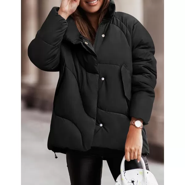 imageZESICA Womens Winter Puffer Jacket Long Sleeve Zip Up Drawstring Quilted Baggy Warm Short Down Coats with PocketsBlack