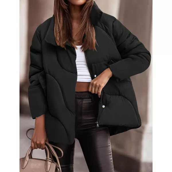 imageZESICA Womens Winter Puffer Jacket Long Sleeve Zip Up Drawstring Quilted Baggy Warm Short Down Coats with PocketsBlack