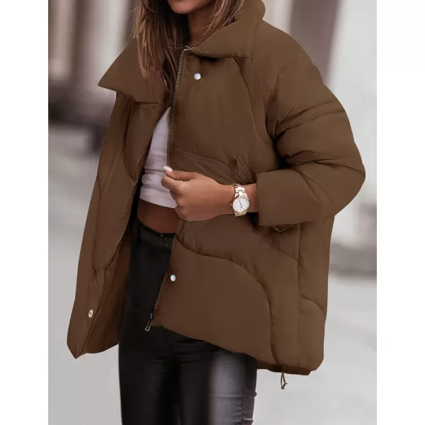 imageZESICA Womens Winter Puffer Jacket Long Sleeve Zip Up Drawstring Quilted Baggy Warm Short Down Coats with PocketsBrown