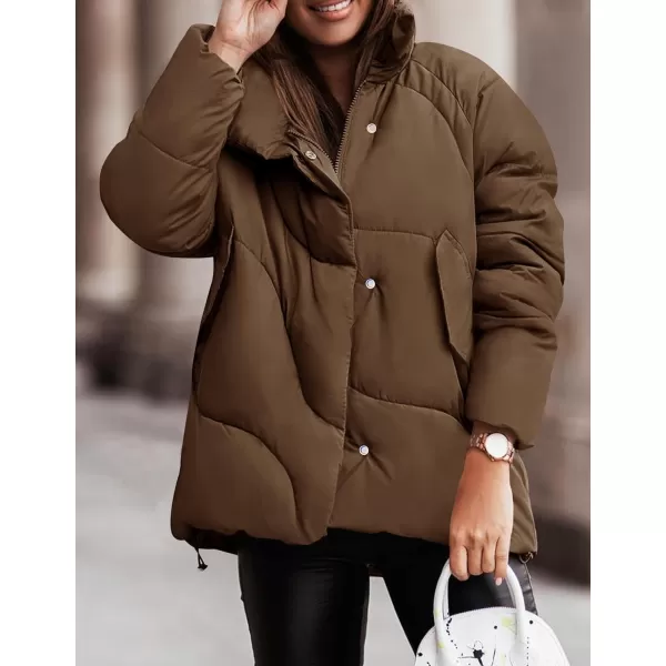 imageZESICA Womens Winter Puffer Jacket Long Sleeve Zip Up Drawstring Quilted Baggy Warm Short Down Coats with PocketsBrown
