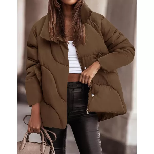imageZESICA Womens Winter Puffer Jacket Long Sleeve Zip Up Drawstring Quilted Baggy Warm Short Down Coats with PocketsBrown