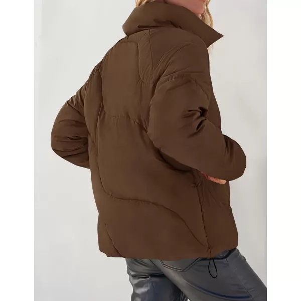 imageZESICA Womens Winter Puffer Jacket Long Sleeve Zip Up Drawstring Quilted Baggy Warm Short Down Coats with PocketsBrown