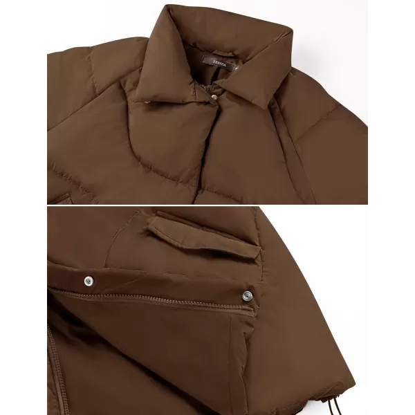 imageZESICA Womens Winter Puffer Jacket Long Sleeve Zip Up Drawstring Quilted Baggy Warm Short Down Coats with PocketsBrown