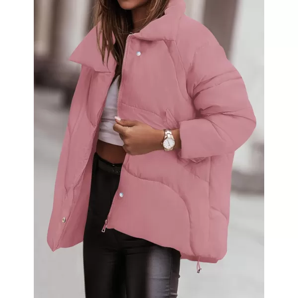 imageZESICA Womens Winter Puffer Jacket Long Sleeve Zip Up Drawstring Quilted Baggy Warm Short Down Coats with PocketsDustypink