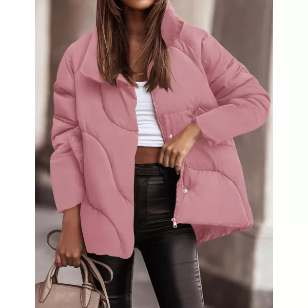 imageZESICA Womens Winter Puffer Jacket Long Sleeve Zip Up Drawstring Quilted Baggy Warm Short Down Coats with PocketsDustypink