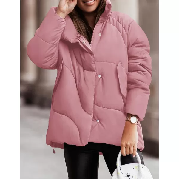 imageZESICA Womens Winter Puffer Jacket Long Sleeve Zip Up Drawstring Quilted Baggy Warm Short Down Coats with PocketsDustypink