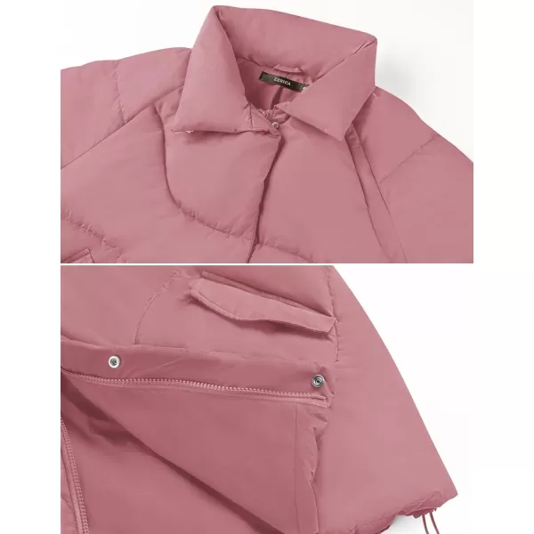 imageZESICA Womens Winter Puffer Jacket Long Sleeve Zip Up Drawstring Quilted Baggy Warm Short Down Coats with PocketsDustypink
