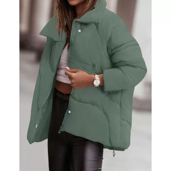imageZESICA Womens Winter Puffer Jacket Long Sleeve Zip Up Drawstring Quilted Baggy Warm Short Down Coats with PocketsGreen