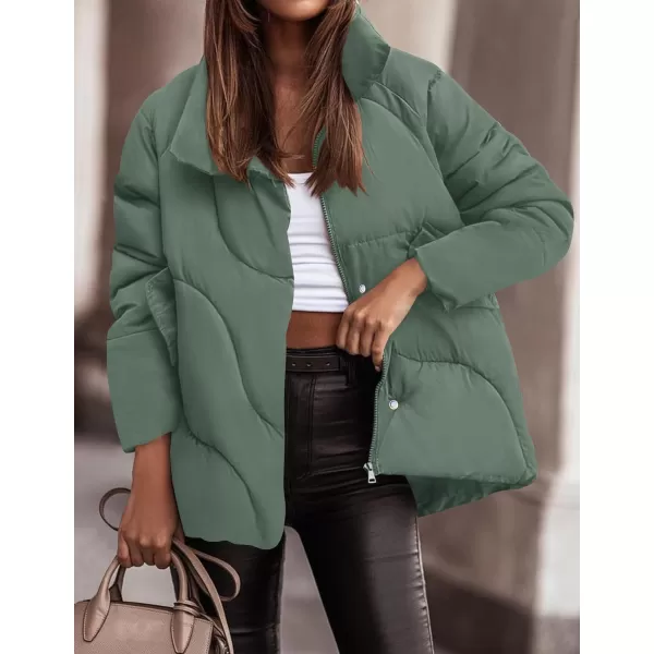 imageZESICA Womens Winter Puffer Jacket Long Sleeve Zip Up Drawstring Quilted Baggy Warm Short Down Coats with PocketsGreen