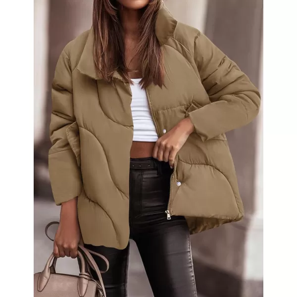 imageZESICA Womens Winter Puffer Jacket Long Sleeve Zip Up Drawstring Quilted Baggy Warm Short Down Coats with PocketsKhaki