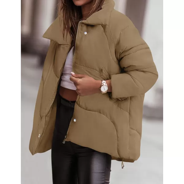 imageZESICA Womens Winter Puffer Jacket Long Sleeve Zip Up Drawstring Quilted Baggy Warm Short Down Coats with PocketsKhaki