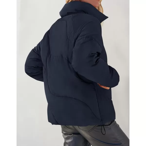 imageZESICA Womens Winter Puffer Jacket Long Sleeve Zip Up Drawstring Quilted Baggy Warm Short Down Coats with PocketsNavy