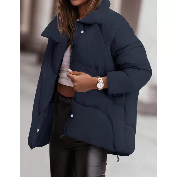 imageZESICA Womens Winter Puffer Jacket Long Sleeve Zip Up Drawstring Quilted Baggy Warm Short Down Coats with PocketsNavy