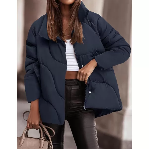 imageZESICA Womens Winter Puffer Jacket Long Sleeve Zip Up Drawstring Quilted Baggy Warm Short Down Coats with PocketsNavy