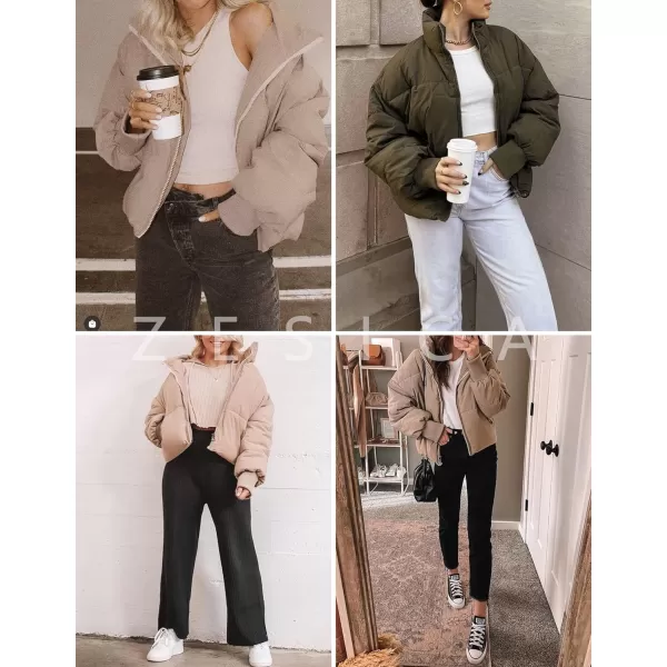 imageZESICA Womens Winter Warm Long Sleeve Zip Up Drawstring Baggy Cropped Puffer Down Jacket Coat OuterwearApricot
