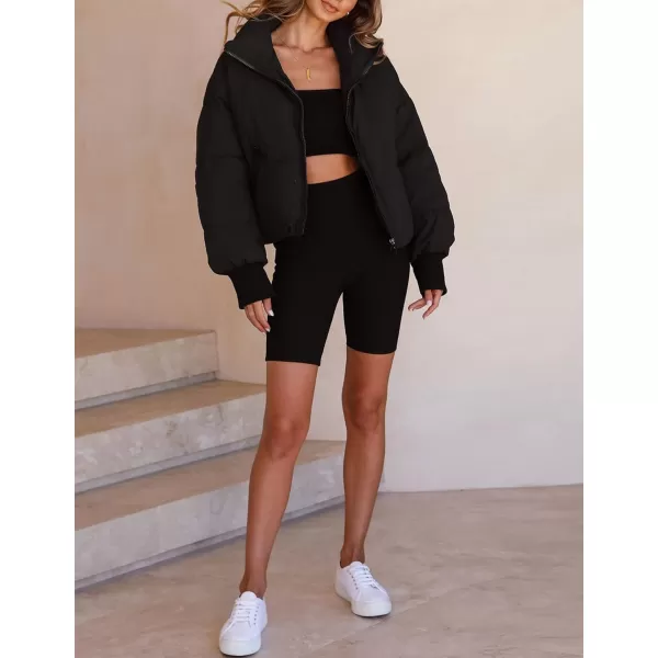imageZESICA Womens Winter Warm Long Sleeve Zip Up Drawstring Baggy Cropped Puffer Down Jacket Coat OuterwearBlack