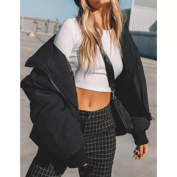 imageZESICA Womens Winter Warm Long Sleeve Zip Up Drawstring Baggy Cropped Puffer Down Jacket Coat OuterwearBlack