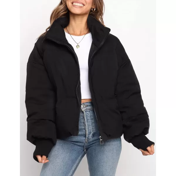 imageZESICA Womens Winter Warm Long Sleeve Zip Up Drawstring Baggy Cropped Puffer Down Jacket Coat OuterwearBlack