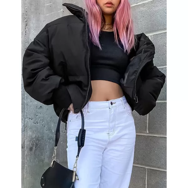 imageZESICA Womens Winter Warm Long Sleeve Zip Up Drawstring Baggy Cropped Puffer Down Jacket Coat OuterwearBlack