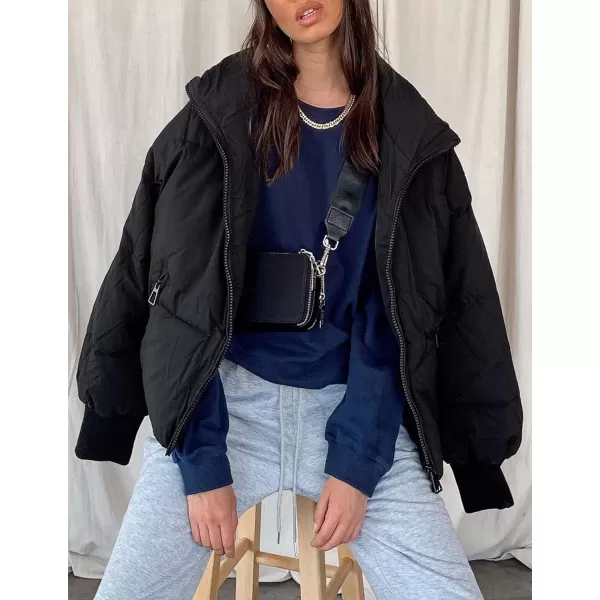 imageZESICA Womens Winter Warm Long Sleeve Zip Up Drawstring Baggy Cropped Puffer Down Jacket Coat OuterwearBlack