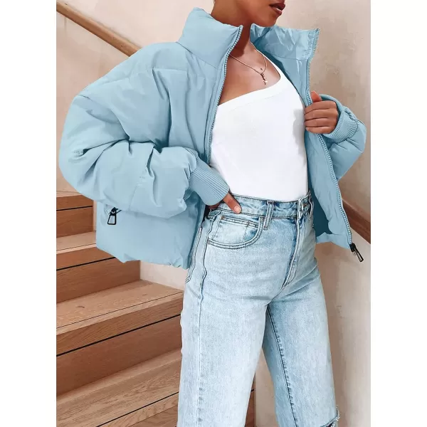 imageZESICA Womens Winter Warm Long Sleeve Zip Up Drawstring Baggy Cropped Puffer Down Jacket Coat OuterwearBlue