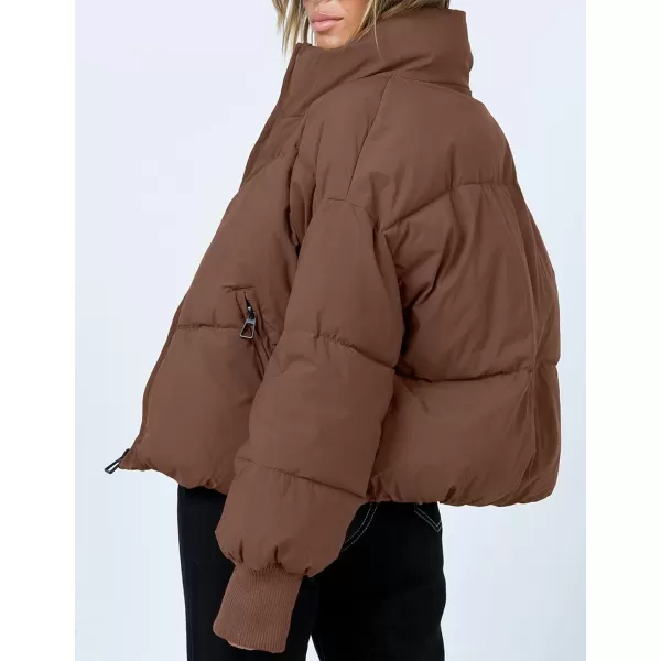 imageZESICA Womens Winter Warm Long Sleeve Zip Up Drawstring Baggy Cropped Puffer Down Jacket Coat OuterwearCoffee