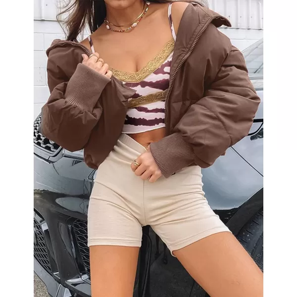 imageZESICA Womens Winter Warm Long Sleeve Zip Up Drawstring Baggy Cropped Puffer Down Jacket Coat OuterwearCoffee