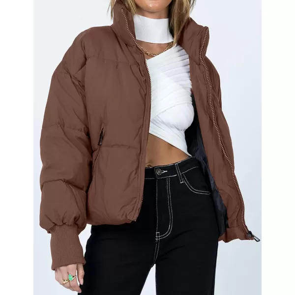 imageZESICA Womens Winter Warm Long Sleeve Zip Up Drawstring Baggy Cropped Puffer Down Jacket Coat OuterwearCoffee