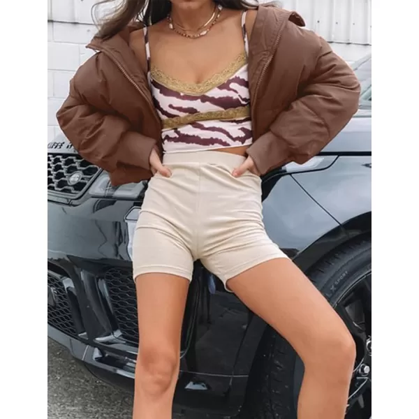 imageZESICA Womens Winter Warm Long Sleeve Zip Up Drawstring Baggy Cropped Puffer Down Jacket Coat OuterwearCoffee