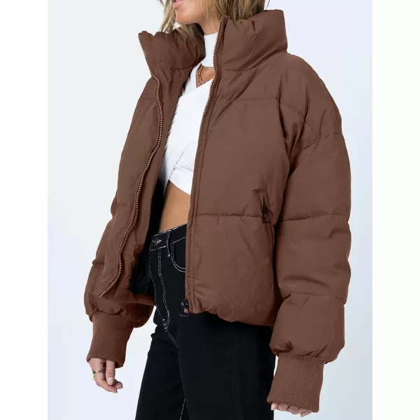 imageZESICA Womens Winter Warm Long Sleeve Zip Up Drawstring Baggy Cropped Puffer Down Jacket Coat OuterwearCoffee