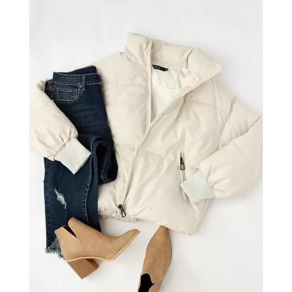 imageZESICA Womens Winter Warm Long Sleeve Zip Up Drawstring Baggy Cropped Puffer Down Jacket Coat OuterwearCream