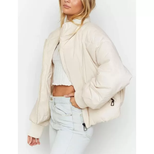 imageZESICA Womens Winter Warm Long Sleeve Zip Up Drawstring Baggy Cropped Puffer Down Jacket Coat OuterwearCream