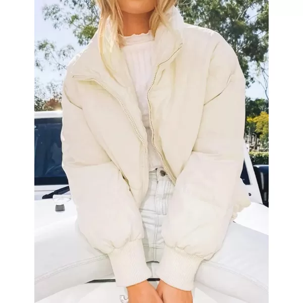 imageZESICA Womens Winter Warm Long Sleeve Zip Up Drawstring Baggy Cropped Puffer Down Jacket Coat OuterwearCream