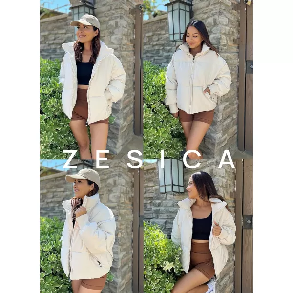 imageZESICA Womens Winter Warm Long Sleeve Zip Up Drawstring Baggy Cropped Puffer Down Jacket Coat OuterwearCream